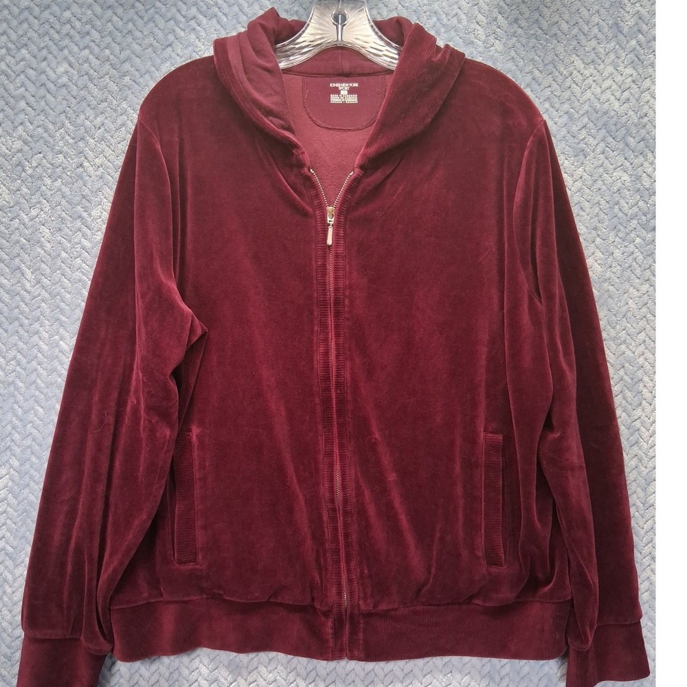 Jones New York Sport Burgundy Velour Full Zip Hoodie Corduroy Trim 1X